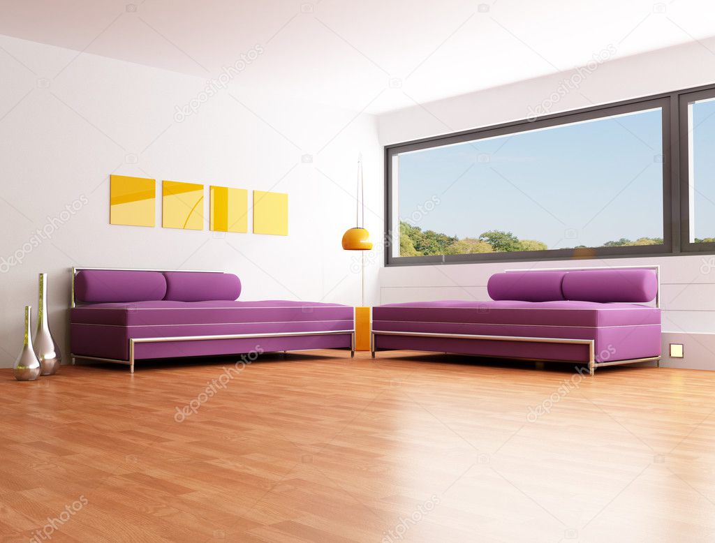 Modern living room with two purple fashion sofa - rendering - the image on background is a my photo