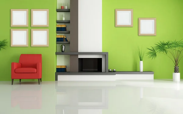 Groene woonkamer met moderne open haard — Stockfoto