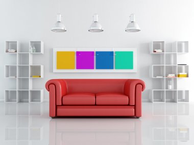 Red leathe sofa in a white living room clipart