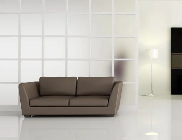 Современный интерьер с коричневым диваном — стоковое фото