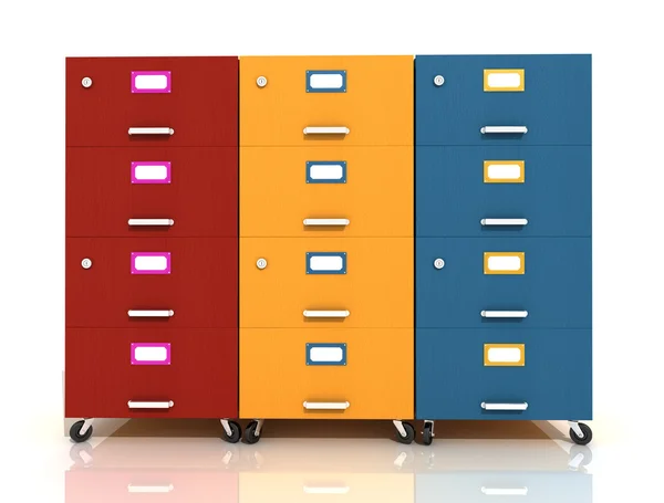 Três gaveta de arquivo de madeira colorida — Fotografia de Stock