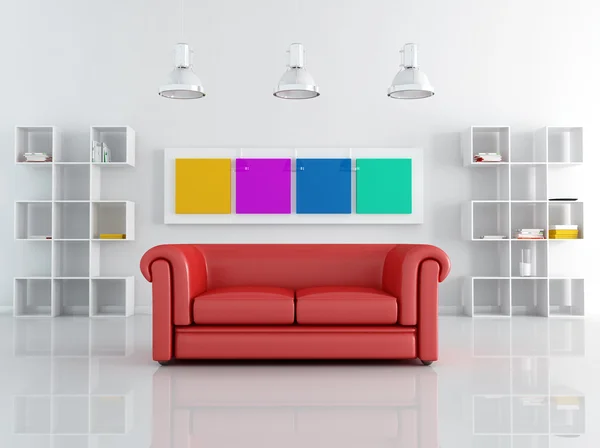 Röd läde soffa i vitt vardagsrum — Stockfoto