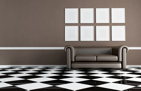 Brunt vardagsrum med klassiska soffa — Stockfoto