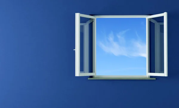 Açık pencereleri ve mavi duvar — Stok fotoğraf