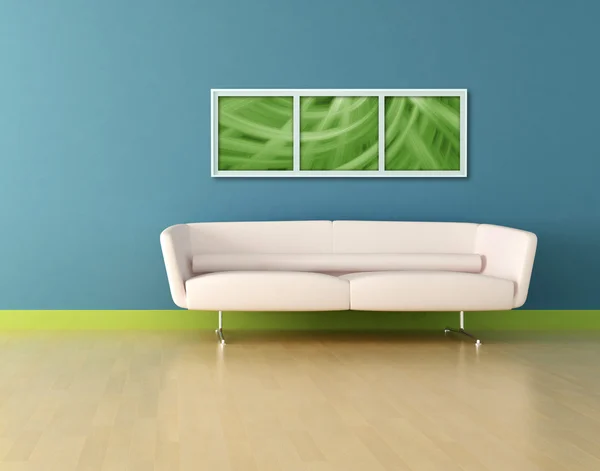 Biała skórzana kanapa w niebieski pokój — Zdjęcie stockowe