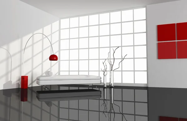 Schwarz, weiß und rot minimales Wohnzimmer — Stockfoto