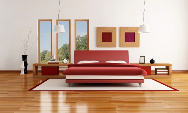 Červené a bílé moderní ložnice — Stock fotografie