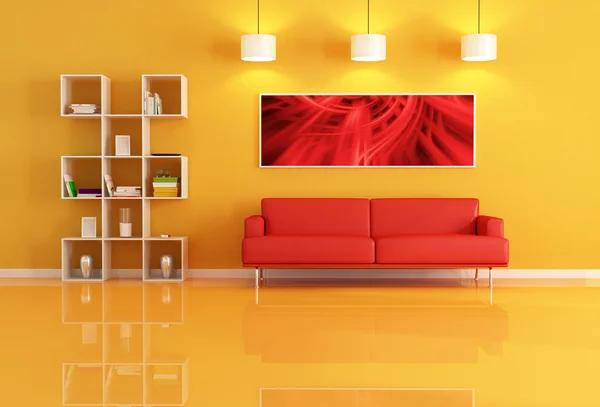 Sala de estar con librería y sofá de cuero rojo — Foto de Stock