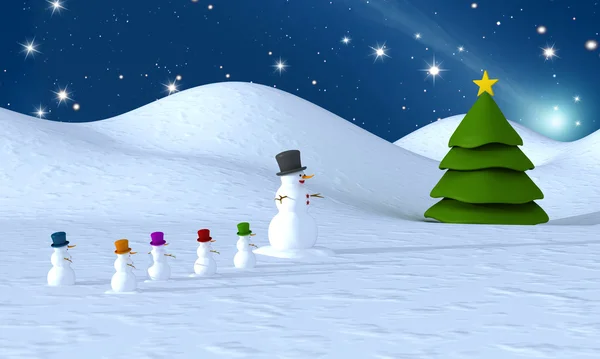 Sněhulák rodina a vánoční stromeček — Stock fotografie