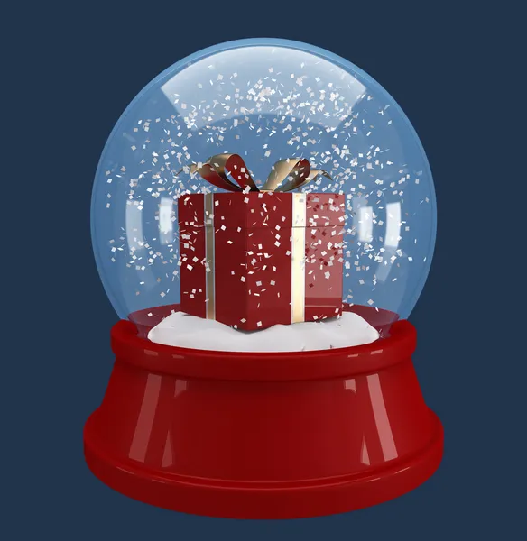 Scatola regalo rossa in una sfera di neve — Foto Stock