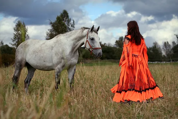 フィールドの灰色の馬と対話するジプシー服を着た女の子 ロイヤリティフリーのストック画像