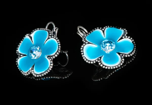 Een paar blauwe oorbellen met bloemen — Stockfoto
