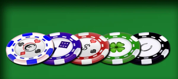 Les Cinq Couleurs Des Standard Jetons Poker — Foto Stock