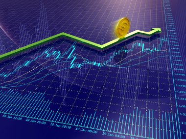 Blue Forex charts with green growing arrow and euro coin clipart