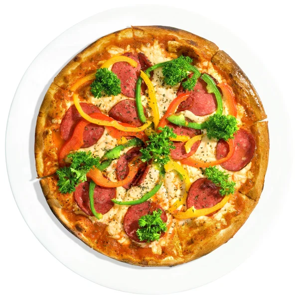 Pizza en plato blanco Imagen de archivo