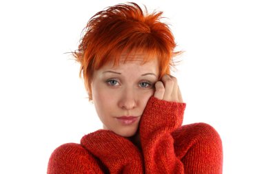 Sad red haired woman isolated on white background clipart