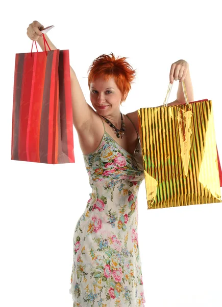 Compras. Mulher feliz com sacos diferentes com compras — Fotografia de Stock
