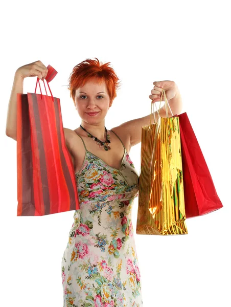 stock image Shopping. Happy woman with different bags with purchases