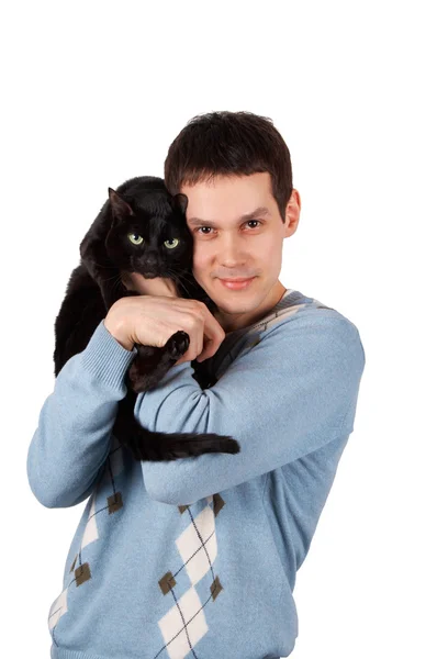 Fiatal férfi fekete macska Jogdíjmentes Stock Képek