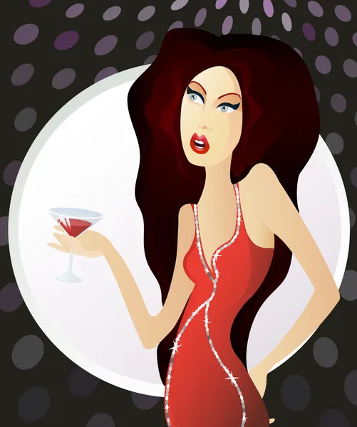 マティーニのグラスの立って赤いドレスを着ている女性 — ストックベクタ