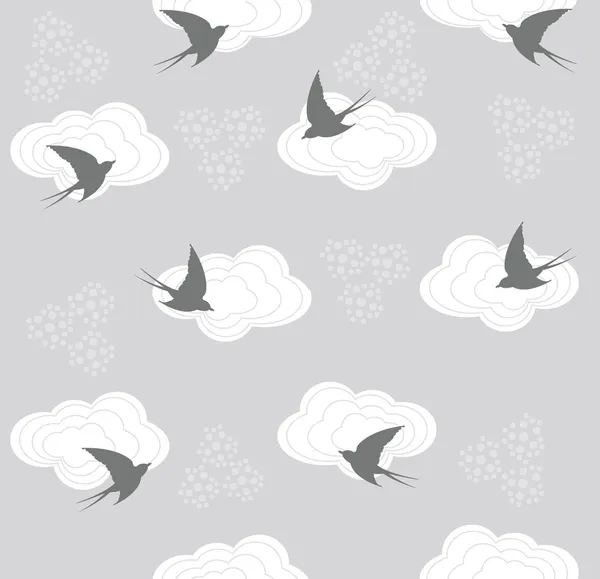 かわいいシームレスなツバメと雲のパターン — ストックベクタ