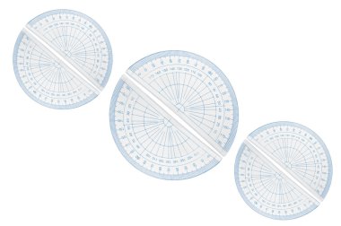 Several blue plastic protractors arranged in formation over white. clipart