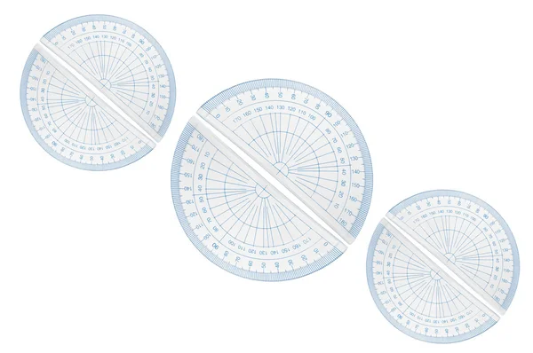 Stock image Several blue plastic protractors arranged in formation over white.