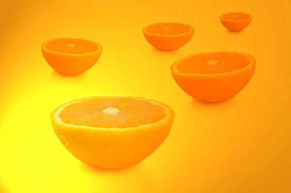 Five Freshly Cut Orange Halves Arranged Vibrant Yellow Gold Light — Stock Photo, Image