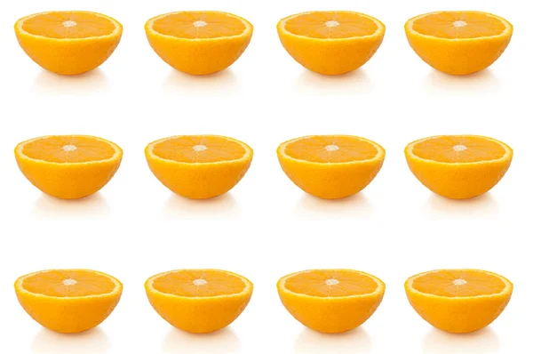 Twelve Small Orange Halves Arranged Horizontal Lines Bottom Middle Top — Stock Photo, Image