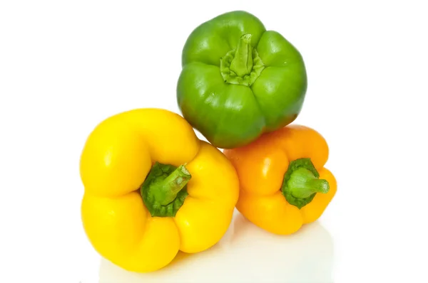 Close Low Level Capturing Three Bell Peppers Arranged White — Stock Photo, Image