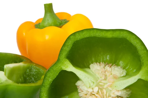 Close Capturing Whole Halved Bell Peppers Arranged White — Stock Photo, Image