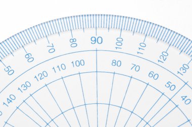 Close Up capturing a portion of a transparent plastic protractor arranged over white. clipart