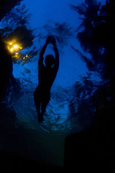 Pływak, skakanie do wody, na zachodzie słońca Zdjęcie Stockowe