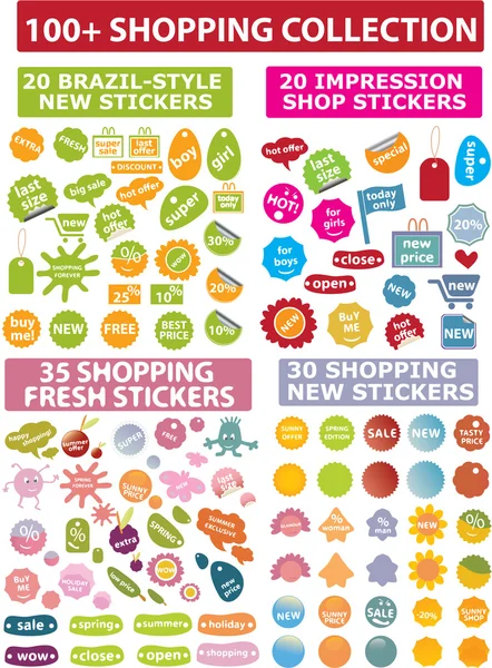 100 colorful shopping stickers — Stock Vector