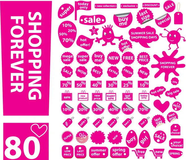 80 adesivos de compras rosa — Vetor de Stock