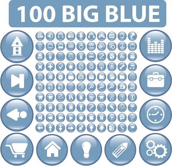 100 青い大きな光沢のあるボタン — ストックベクタ