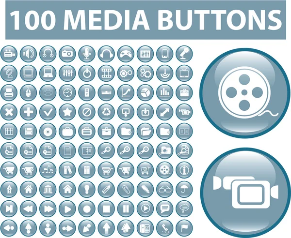 100 medya düğmeleri mavi — Stok Vektör