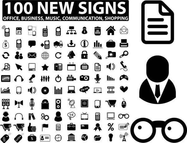 100 new office, business, media signs — Stock Vector