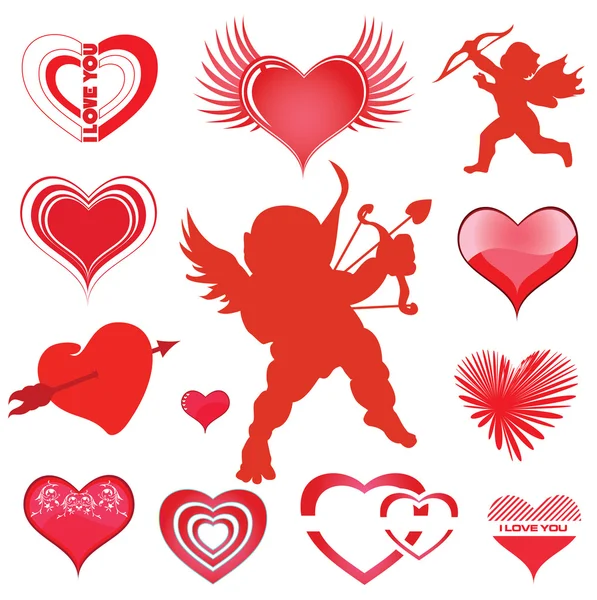 Vector set of hearts and cupid — Stock Vector
