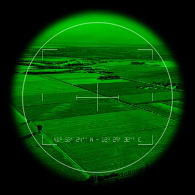 Empty view inside a military binocular. Night vision theme. clipart