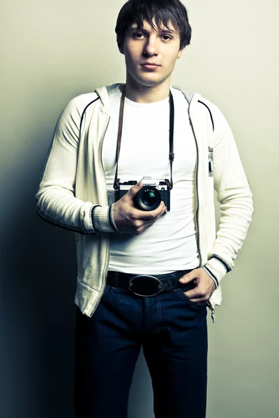Photographer Holding Film Camera Light Background Contrast Image — Stock Photo, Image