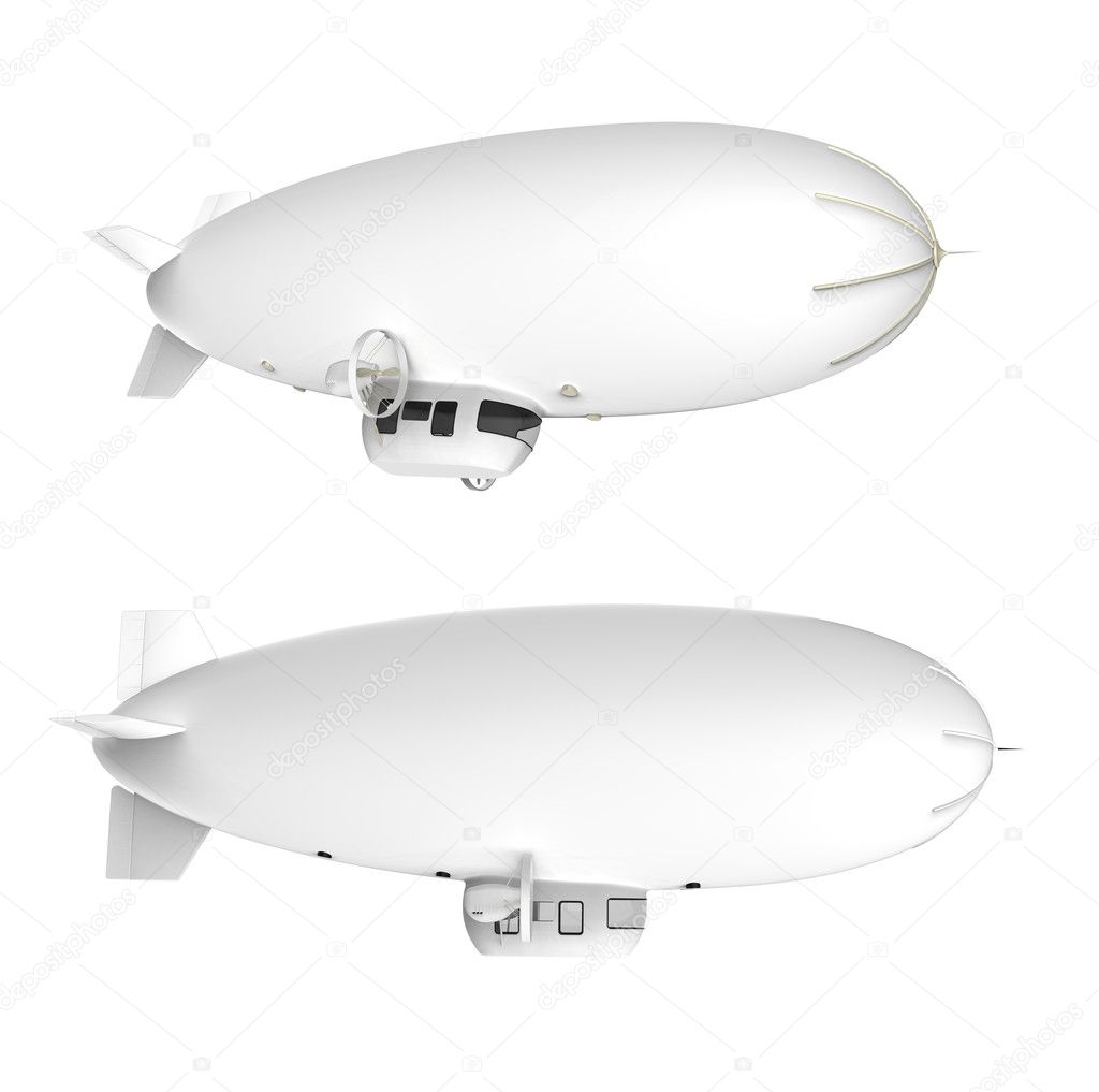 Two white dirigible balloons with motors on a white background