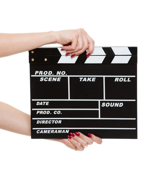 Cinema clapboard in female hands — Stock Photo, Image