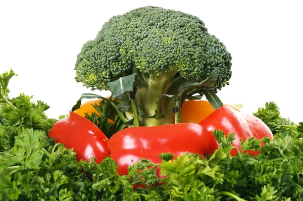 Brokoli, kırmızı biber dilimleri ve maydanoz daire — Stok fotoğraf