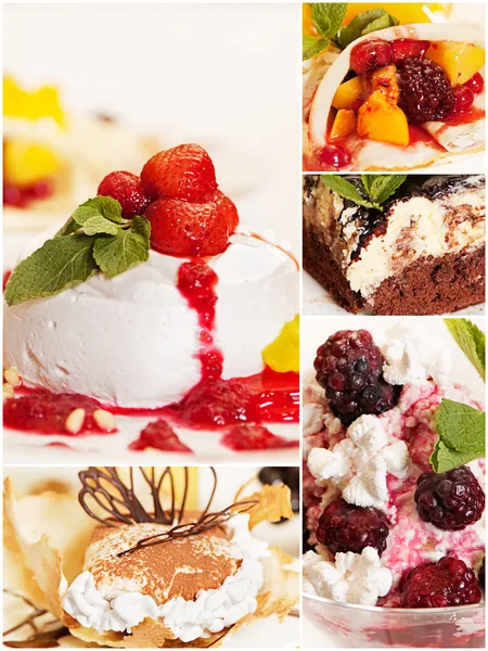 Colagem de cinco deliciosas sobremesas — Fotografia de Stock