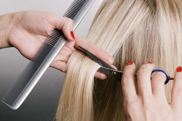 Hairdresser cutting blonde hair