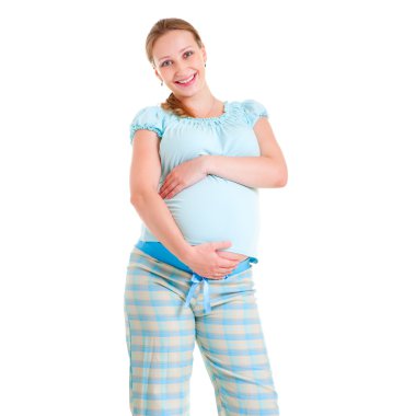 Happy pregnant woman in pyjamas clipart