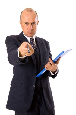 Businessman pointing with pen clipart