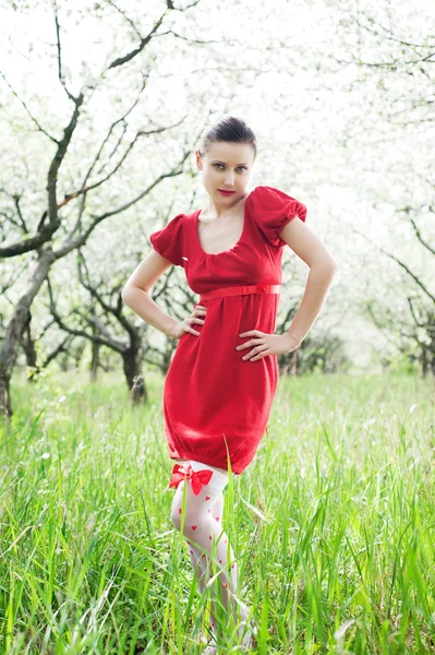 Piękny model w czerwonej sukience — Zdjęcie stockowe