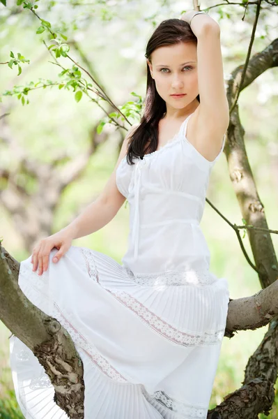 Брюнетка в белом платье сидит — стоковое фото